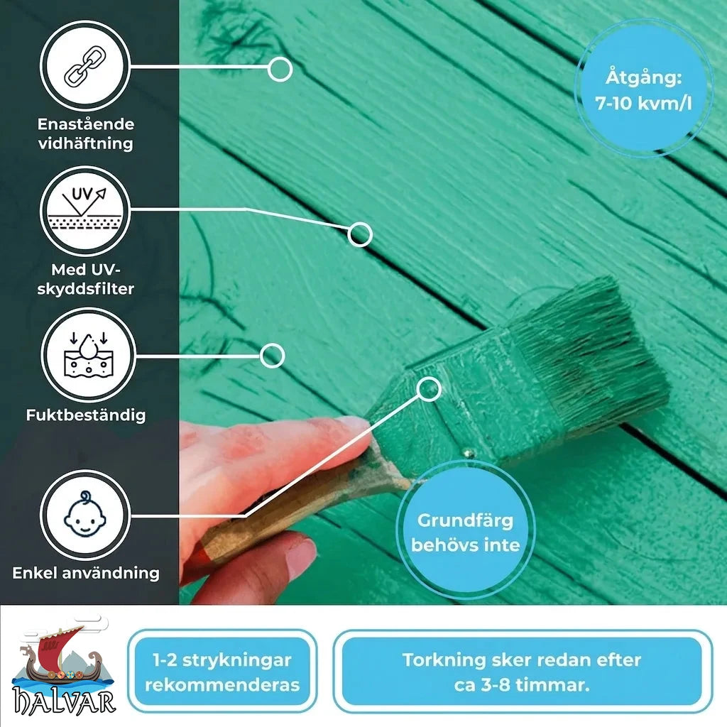 Grön träfärg från Halvar med utmärkt vidhäftning, UV-skydd och fuktbeständighet. Enkel att applicera, ingen grundfärg krävs.