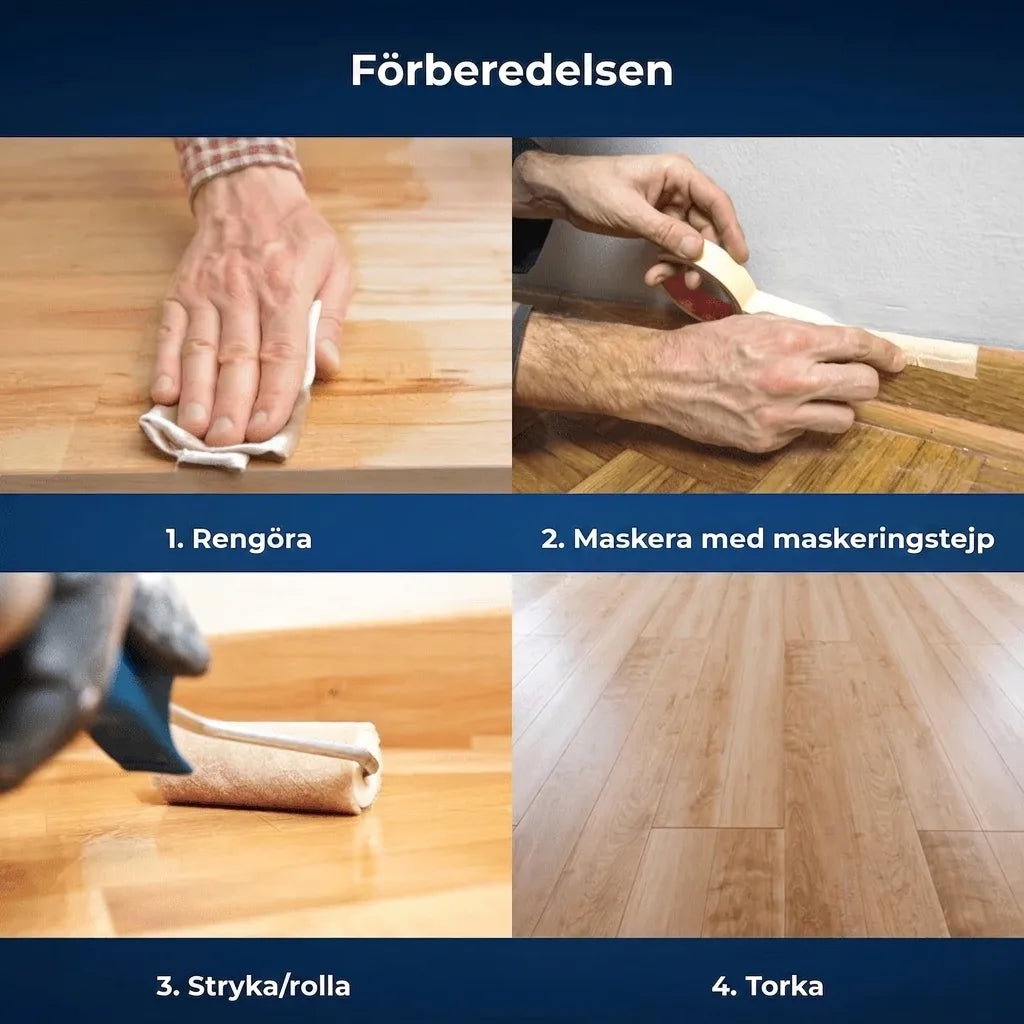 Förberedelse av trägolv: rengöring, maskering med tejp, målning med roller och torkning.