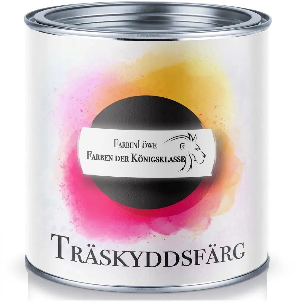 FarbenLöwe träskyddsfärg, kunglig klass. Vit färgburk med svart fält, rosa och gul bakgrundsdesign.