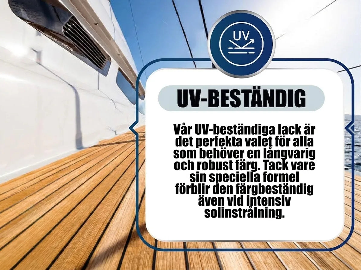 Närbild på vit yacht med trädäck. En textruta med ikonen 'UV' förklarar fördelarna med UV-beständig lack för långvarig färg.