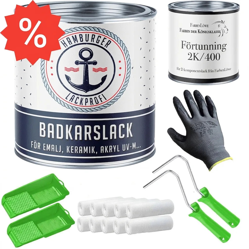 Målarset för badkar med tvåkomponentsfärg, förtunning, rollerset, handskar och tråg. Rabatterat pris.