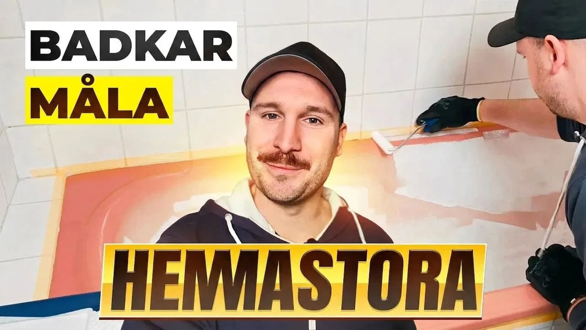 Man målar om badkar vitt med roller. Man med mustasch och keps ler. Tysk rubrik 'BADEWANNE STREICHEN'.