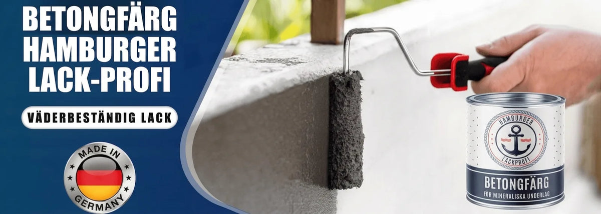 Man målar betongyta med rulle, mörkgrå betongfärg. Burk Hamburger Lack-Profi väderbeständig färg.