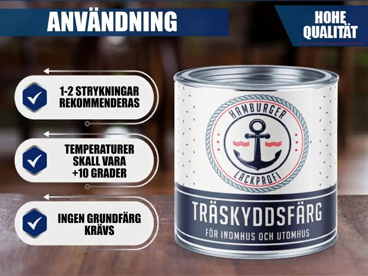 Bild med träskyddsfärg från Hamburger Lackprofi och tydliga användningsinstruktioner för inomhus och utomhus.
