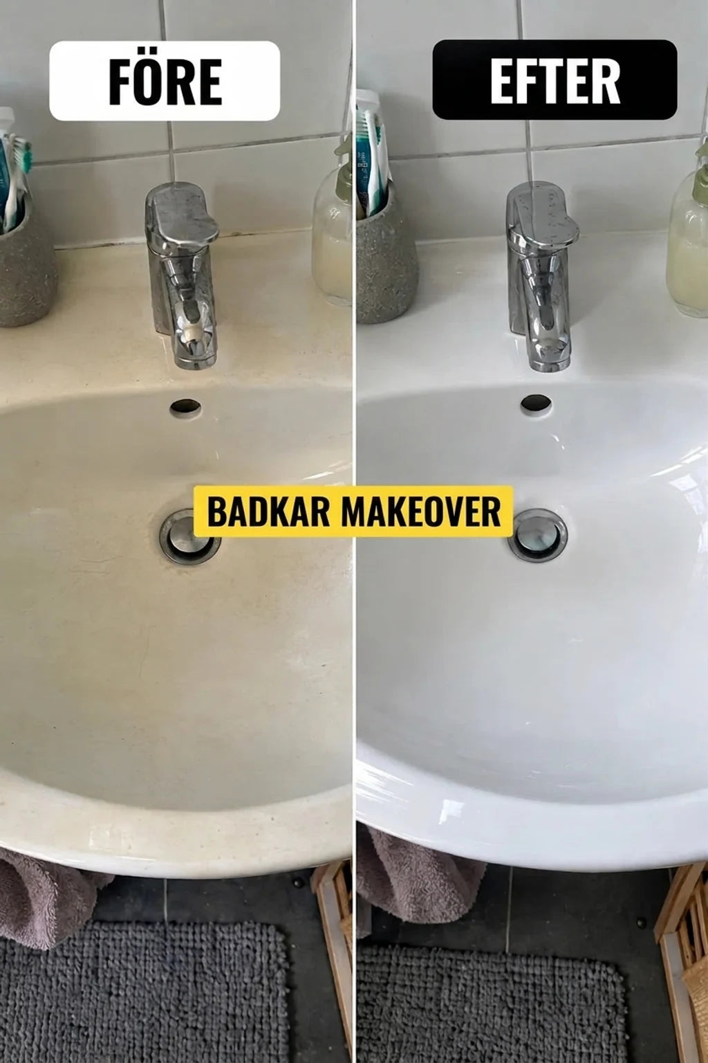 FÖRE och EFTER: Förvandling av badkar. Ett skadat, smutsigt badkar (före) och ett perfekt rent, vitt (efter renovering).