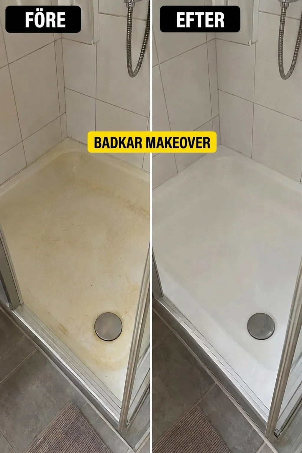 Före och efter renovering: en smutsig, gulaktig duschbricka blev glänsande vit. Badrumsrenovering.