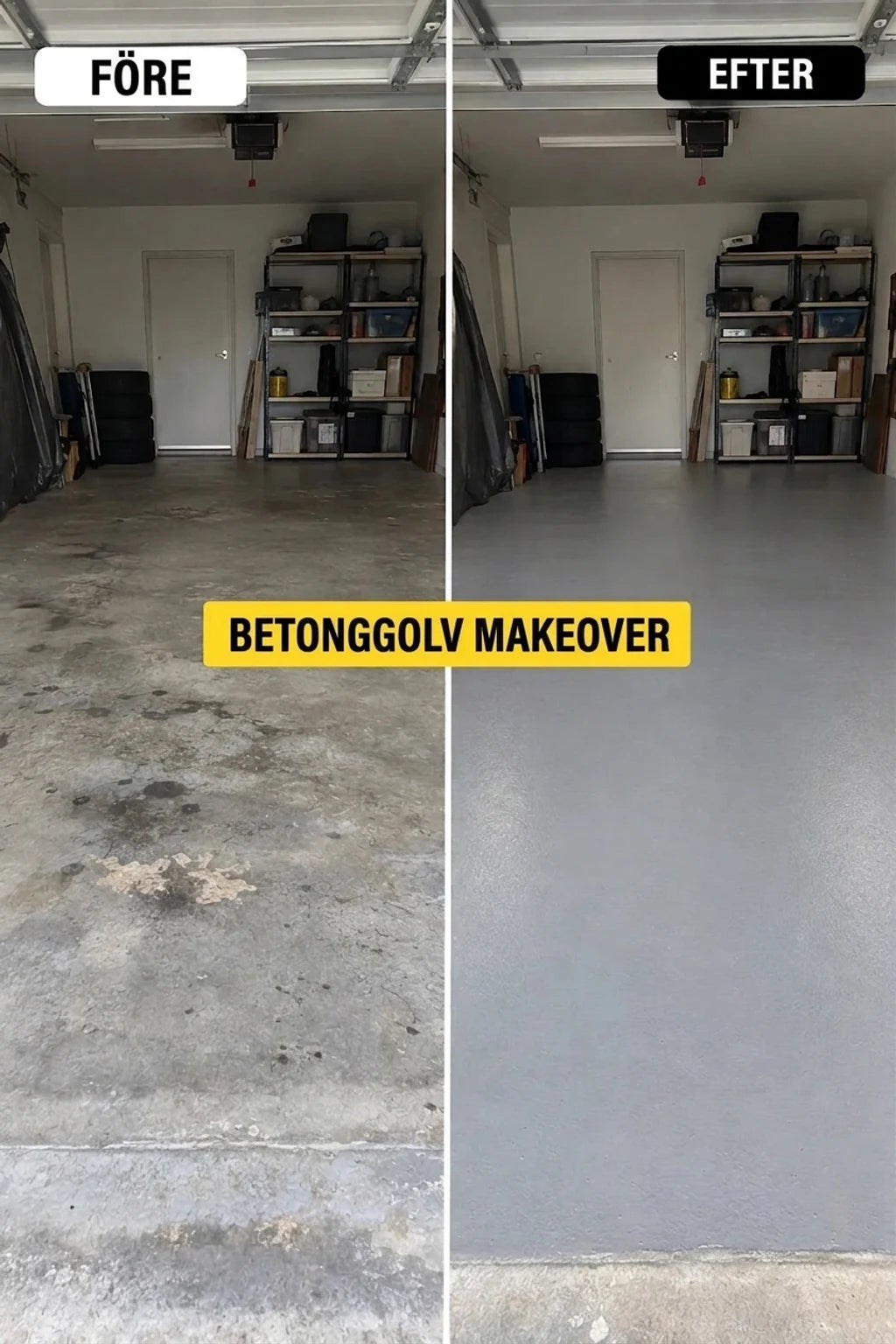 Före och efter renovering av betonggolv i garage, från smutsigt och fläckigt till rent och grått.