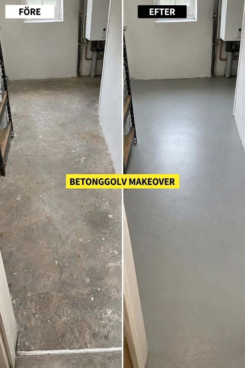 Före och efter renovering av betonggolv, som visar ett smutsigt och sprucket golv före samt ett slätt, grått efter.