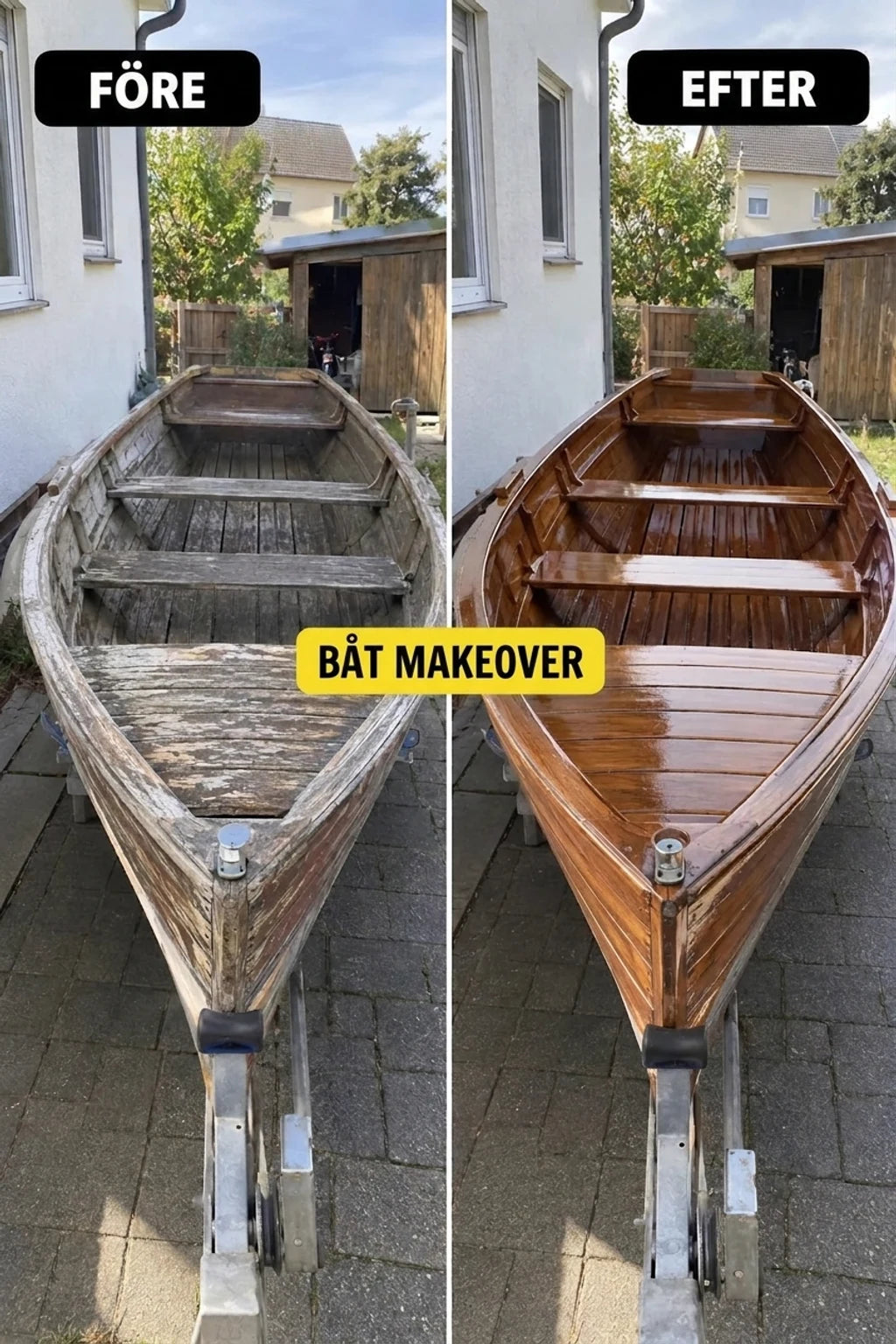 Träbåt före och efter renovering. Till vänster en gammal och sliten, till höger en renoverad och glänsande.