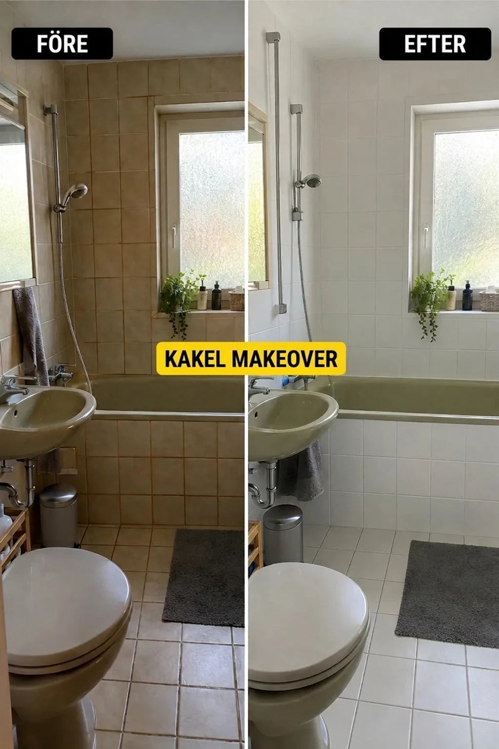 Badrum före och efter förvandling: gamla beige kakel har ersatts av ljusa vita, vilket fräschade upp rummet.