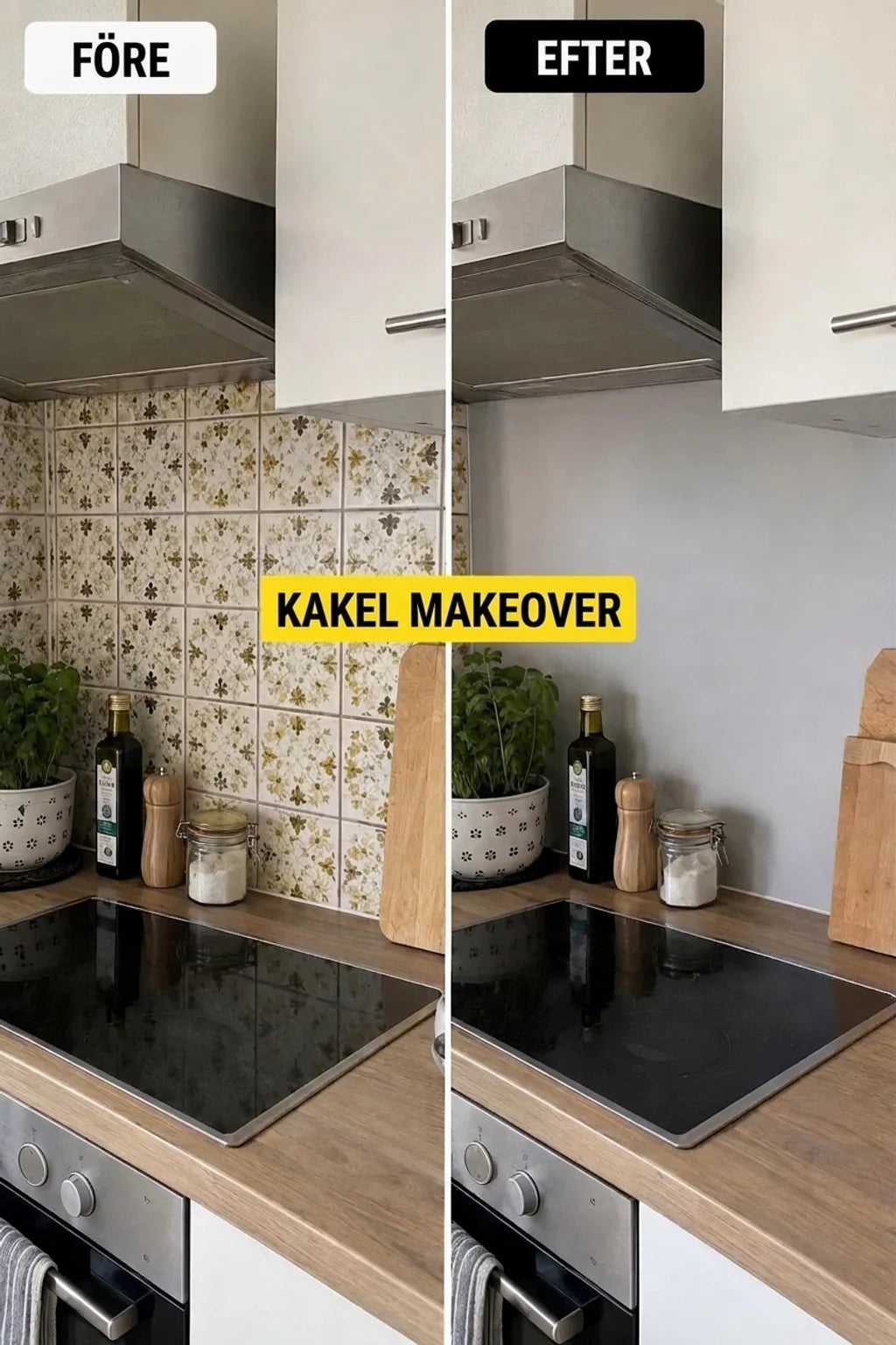 Jämförelse före och efter renovering av kök: gamla kakel ersatta med en slät, grå vägg ovanför bänkskivan.