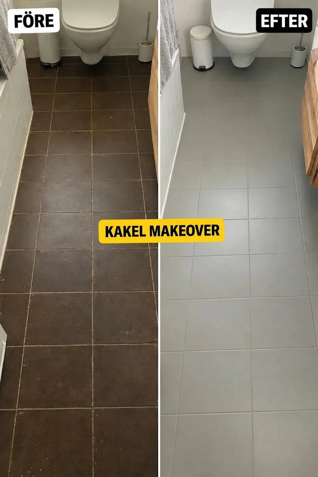 Renovering av badrumskakel: jämförelse före och efter. Gamla, mörka kakel utbytta mot nya, ljusgrå.