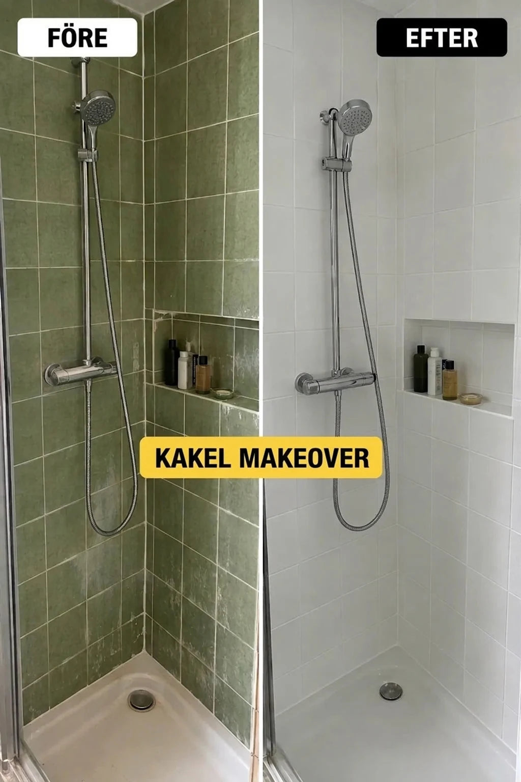 Före och efter förvandling av kakel i duschen: gamla gröna kakel utbytta mot nya, vita.