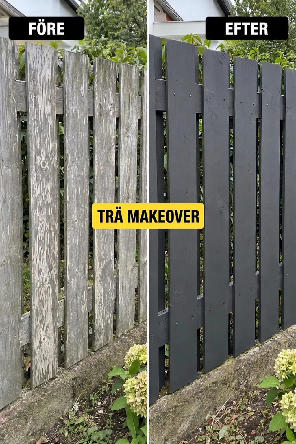 Trästaket: före renovering (grått, blekt) och efter ommålning (mörkgrått, renoverat).