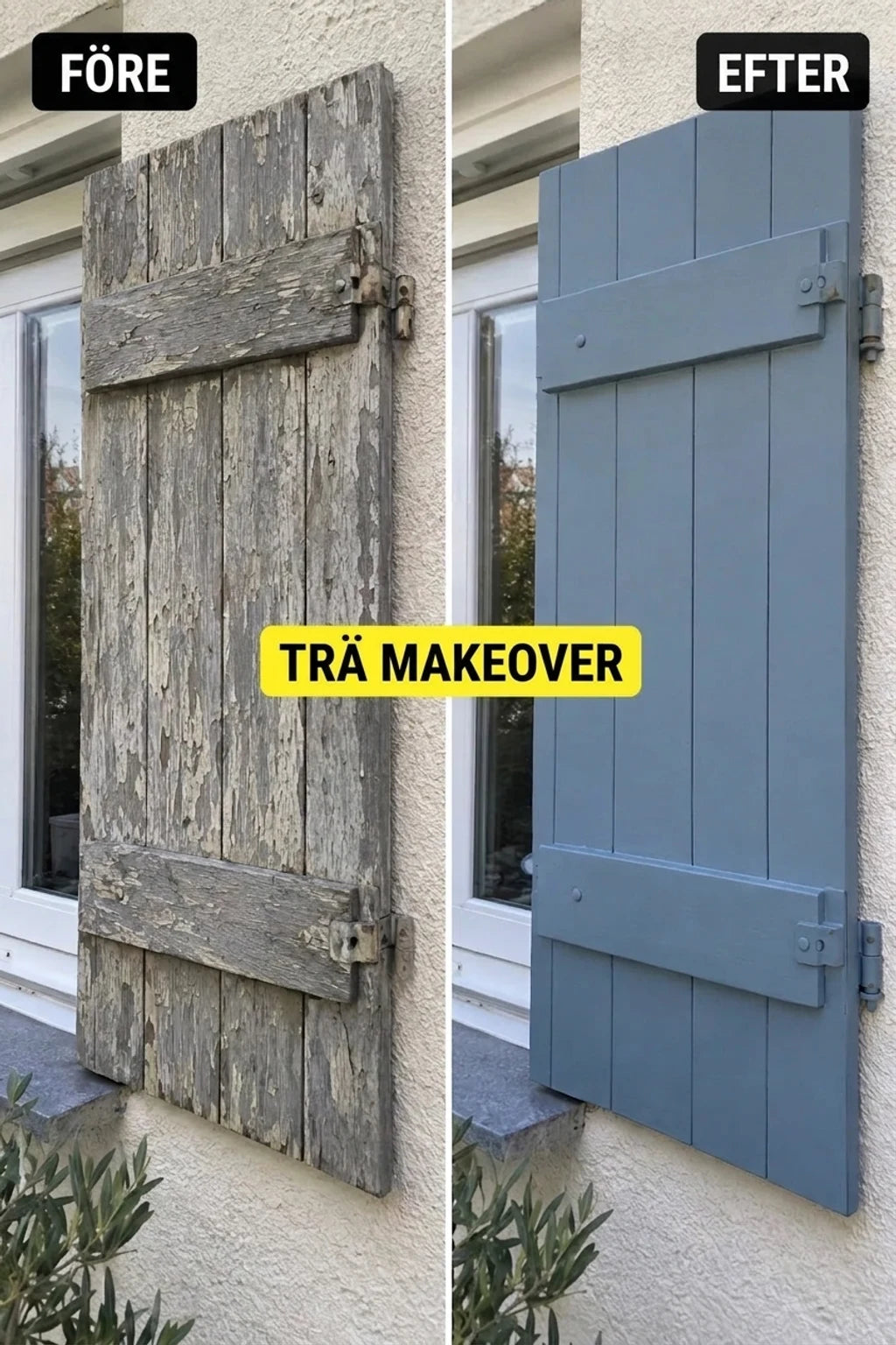 Bild före och efter: en sliten träfönsterlucka före förvandling, bredvid en ny, gråblå fönsterlucka.