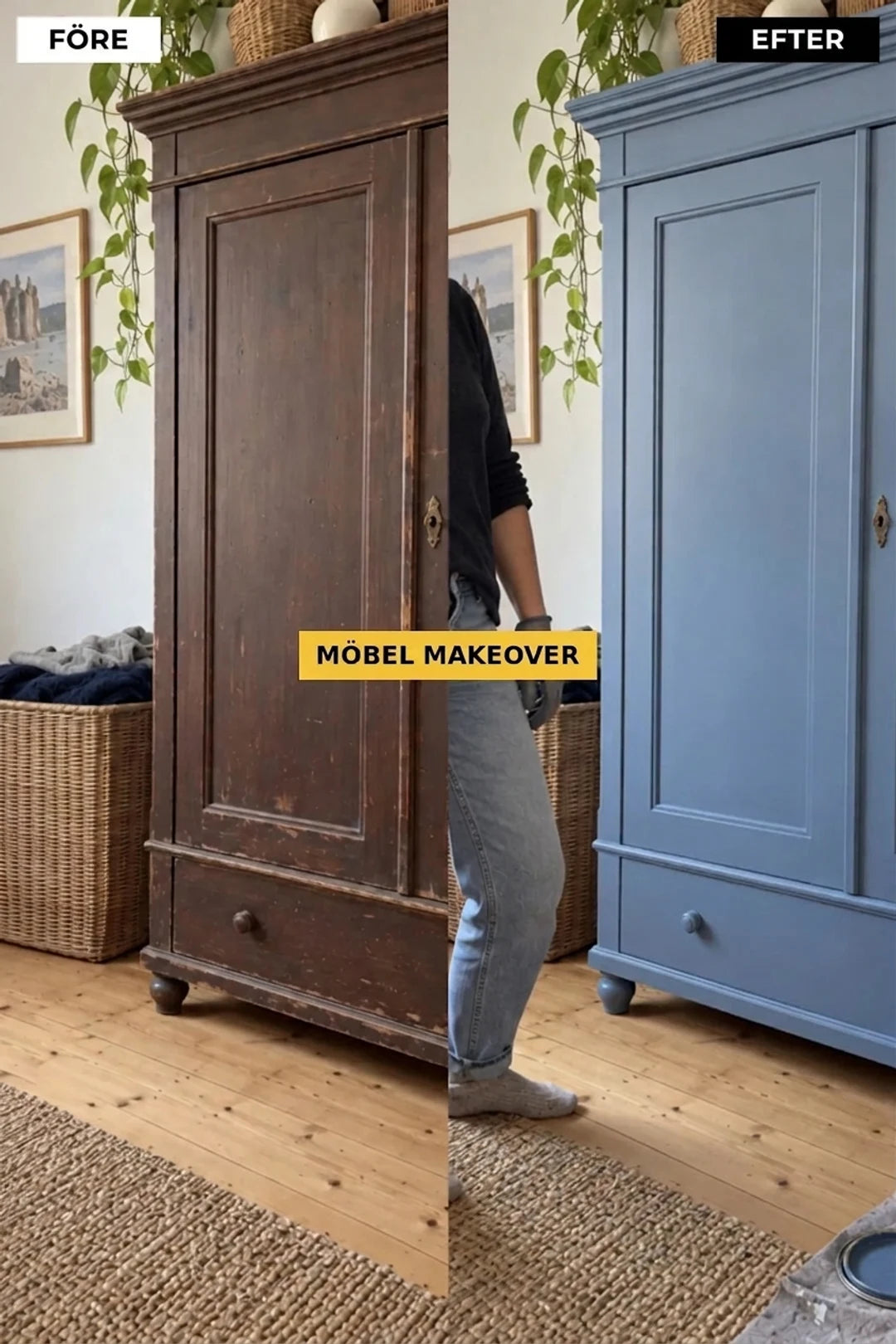 FÖRE och EFTER: En gammal, mörk trägarderob har genomgått en förvandling och målats om till blå. Snabb möbelrenovering.