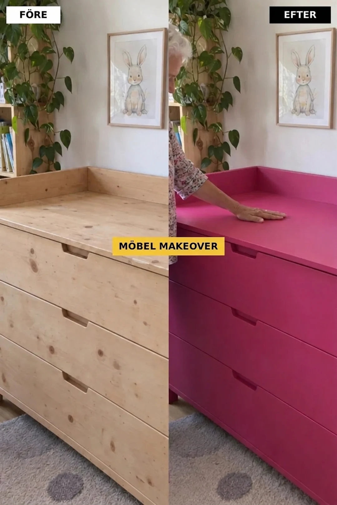 Byrå före och efter renovering: naturligt trä kontra intensivt rosa.