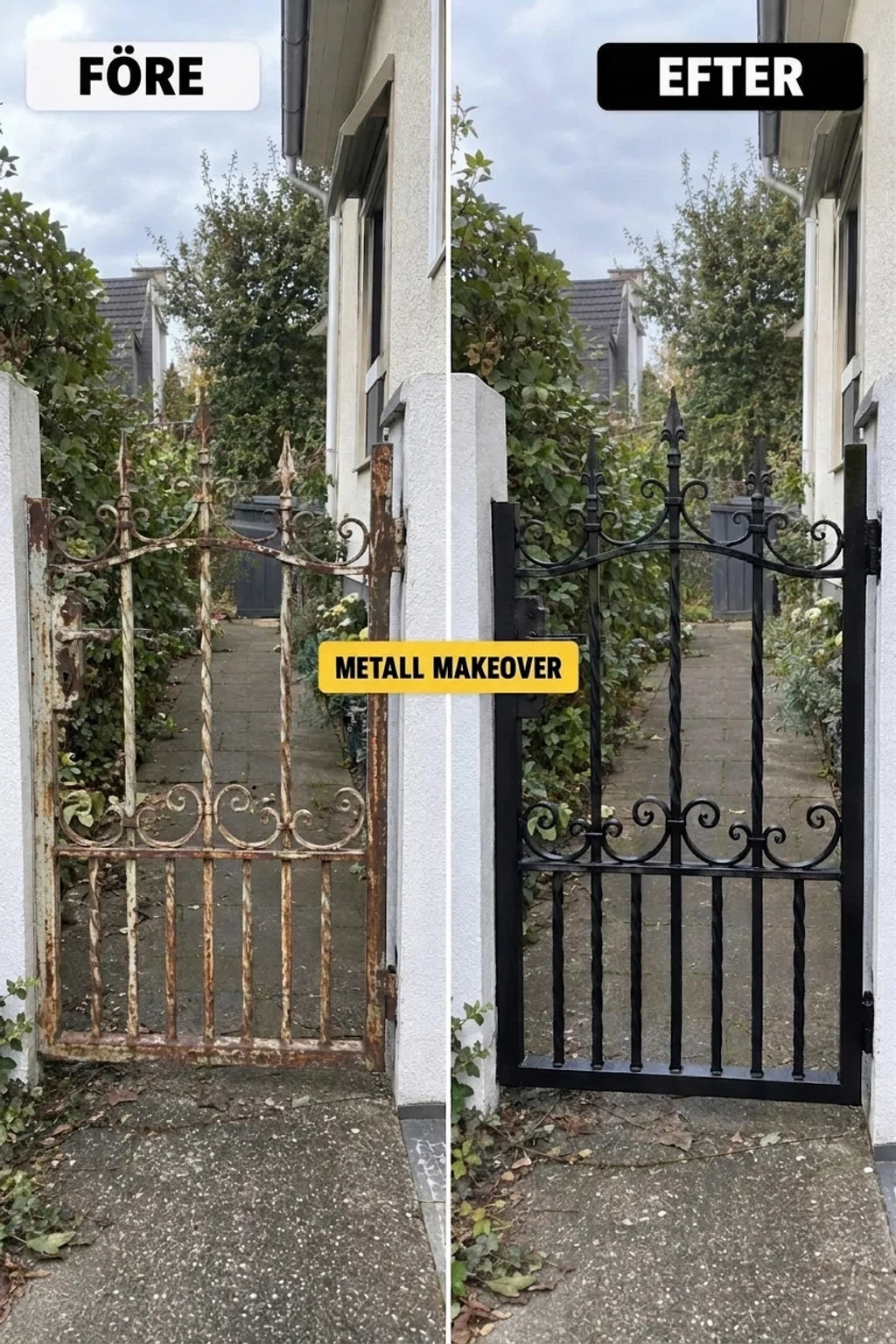 Renovering av en gammal, rostig metallgrind: före och efter, från rost till elegant svart.