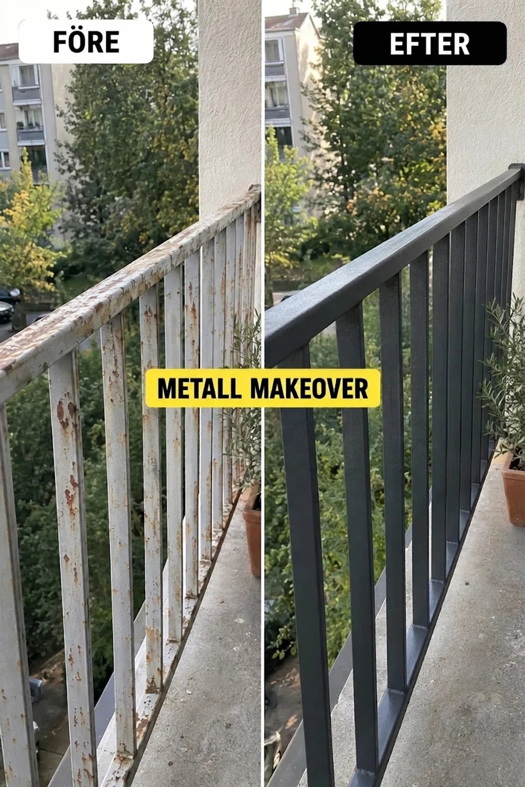 Före och efter: ett rostigt, gammalt metallräcke på balkongen och ett renoverat, målat i mörkgrå färg.