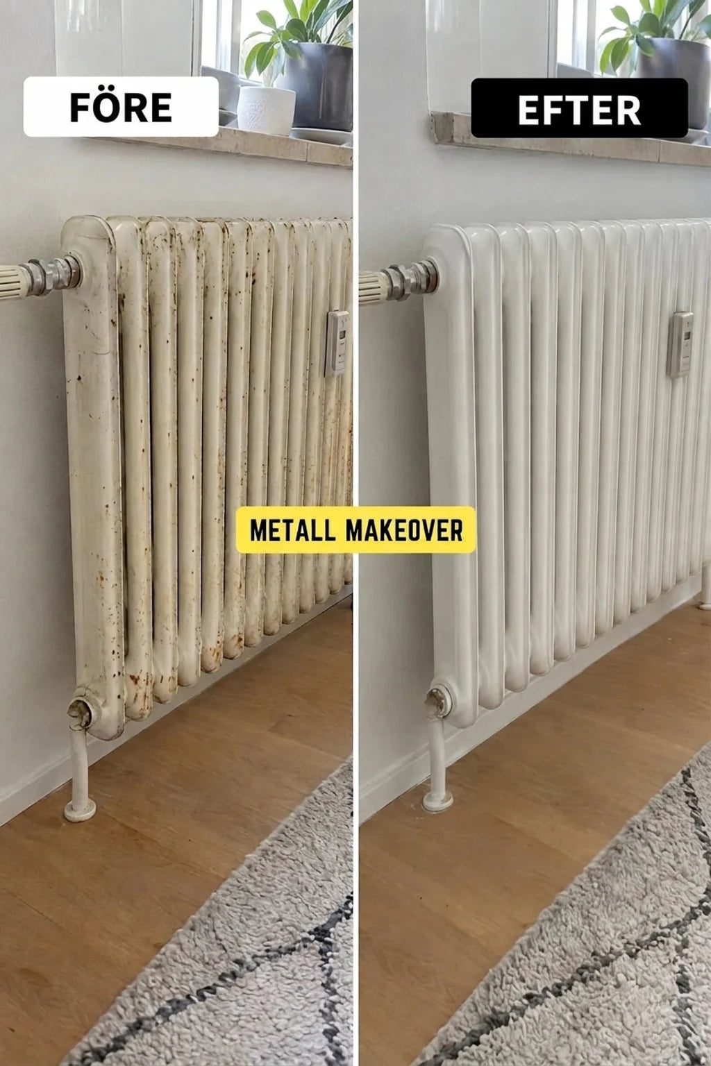 Före och efter: jämförelse av ett gammalt, rostigt vitt element med ett nymålat, rent element.