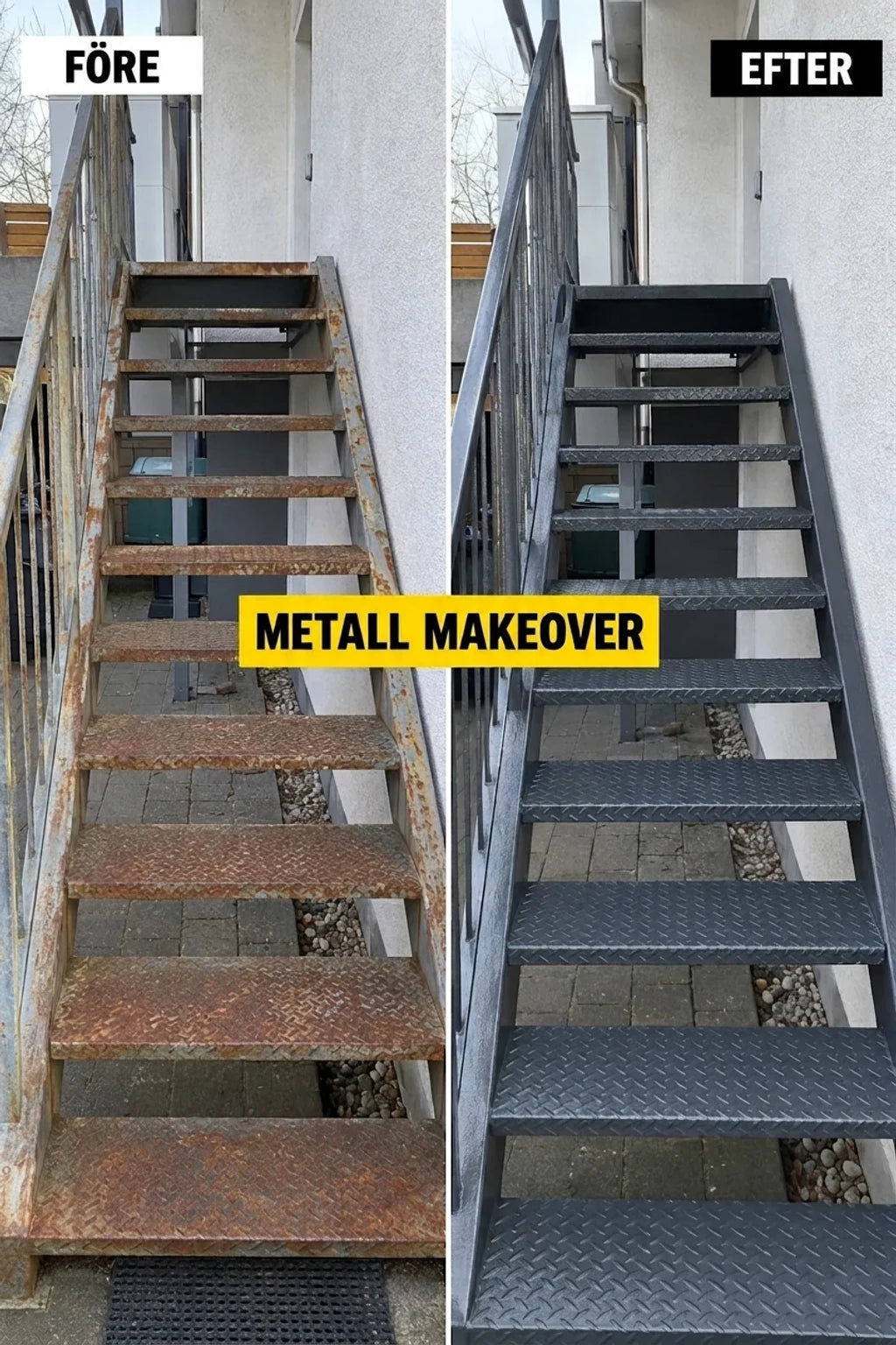 FÖRE och EFTER: Rostiga metalltrappor renoverade med mörkgrå färg, ser ut som nya.