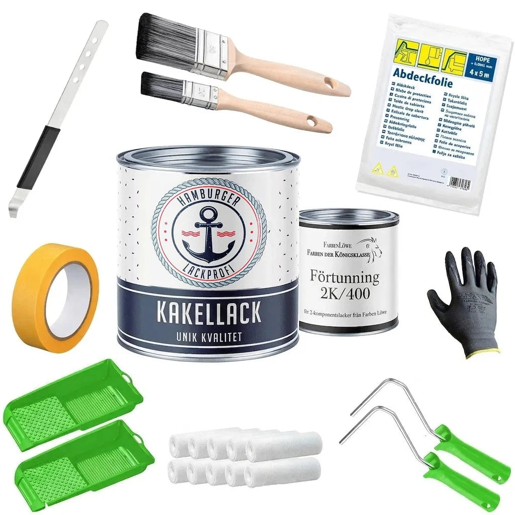 Kit för att måla kakel med plattlack, förtunning, penslar, rullar, tejp, tråg, täckfolie och handske.