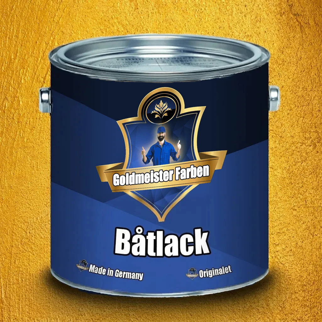 Blå målarburk med guldetikett för Goldmeister Farben Båtlack. Med texten Made in Germany och Das Original.