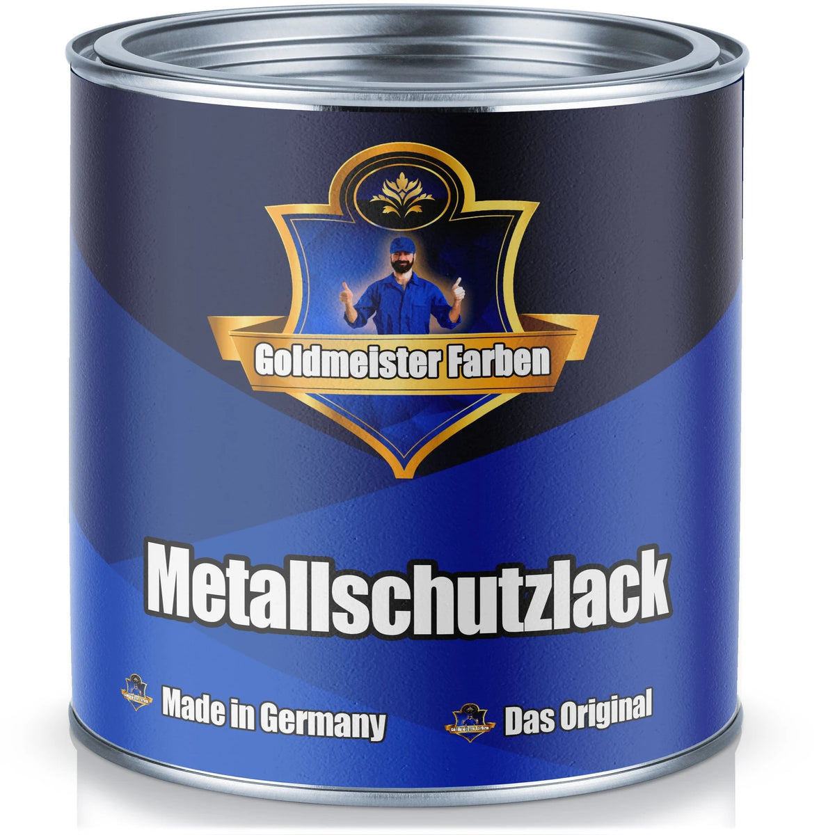 Blå burk Goldmeister Farben metallskyddslack. Robust färg för metall, tillverkad i Tyskland.