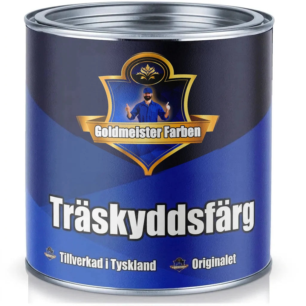 Mörkblå burk med Goldmeister Farben träskyddsfärg, Tillverkad i Tyskland. Original produkt.