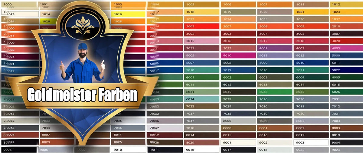 Goldmeister Farben RAL-färgkarta med omfattande färgprover och en glad målare i uniform.
