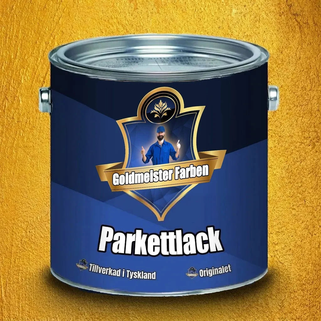 Blå färghink Goldmeister Farben Parkettlack med man som ger tummen upp, på texturerad guld bakgrund.