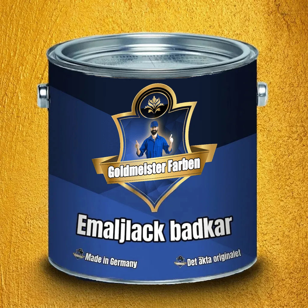 Blå målarburk med Goldmeister Badkarsfärg, guldetikett och texten "Made in Germany".