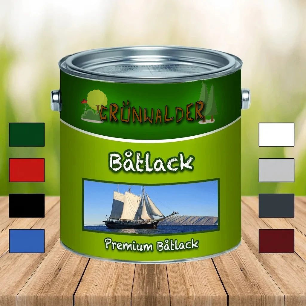 Grünwalder premium båtlack färgburk med segelbåt, visar färgprover för båtfärg.