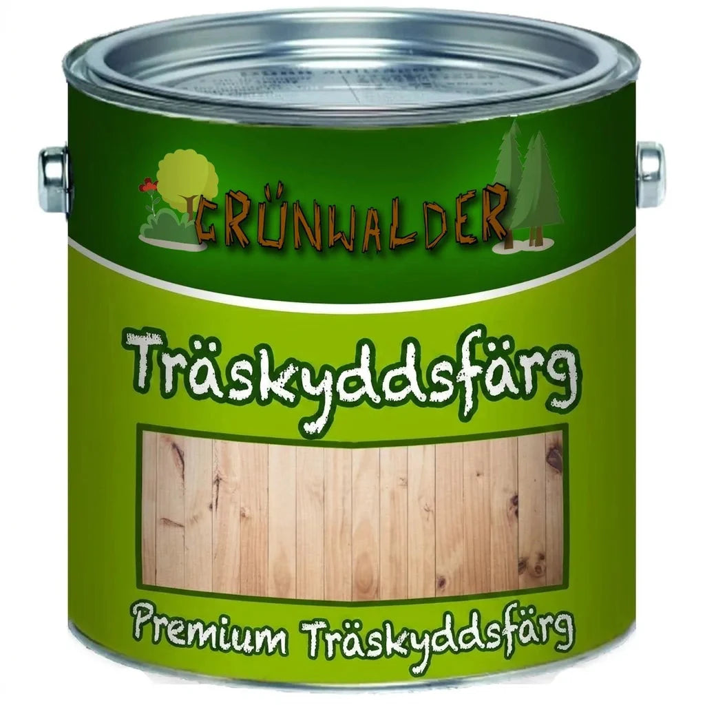 Grünwalder Premium Träskyddsfärg i grön burk, naturlig träfärg på etiketten.