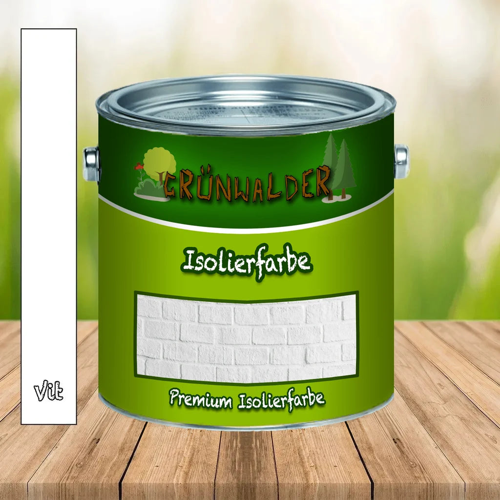 Grönvit färgburk med texten "GRÜNWALDER Isolierfarbe" och "Premium Isolierfarbe" på träbord.