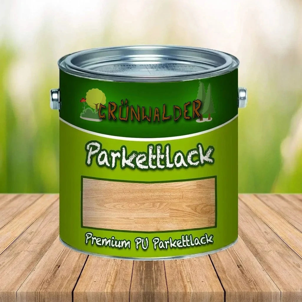 Grön burk med Grünwalder Premium PU Parkettlack på träbord, med träyta som exempel.
