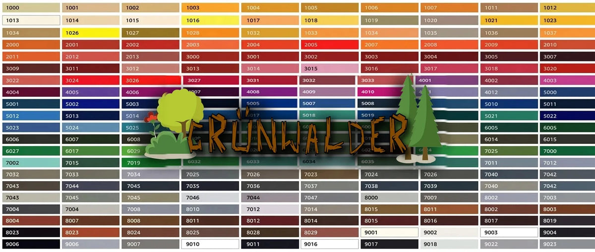 RAL färgkarta med hundratals numrerade färgprover och den framträdande texten 'GRÜNWALDER', med trädillustrationer.