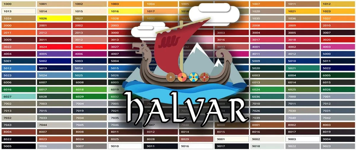RAL Classic färgkarta med nummer och en illustration av ett vikingaskepp med texten HALVAR.