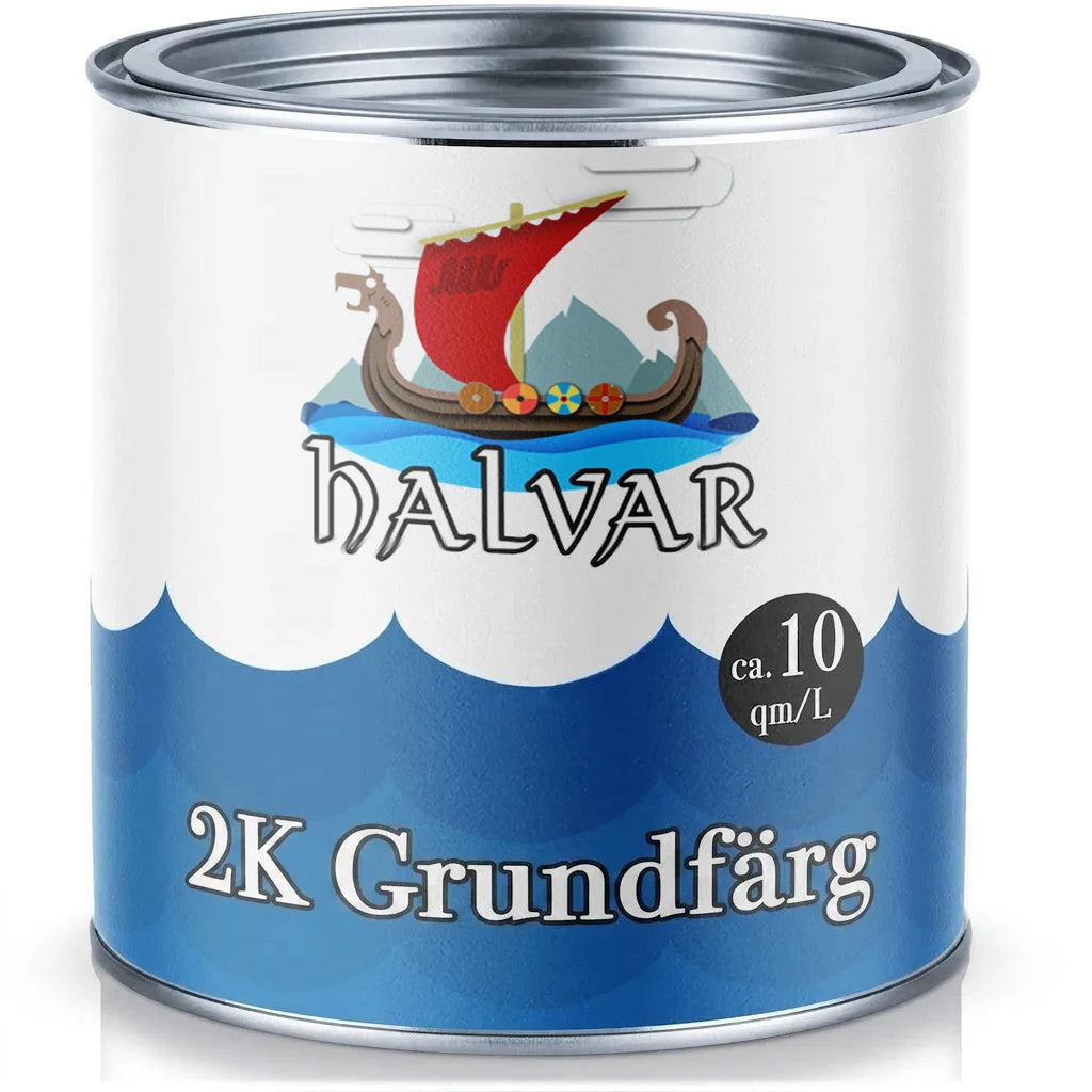 HALVAR 2K Grundierung primärfärg i burk, med vikingaskepp. Täcker ca 10 kvm/L.