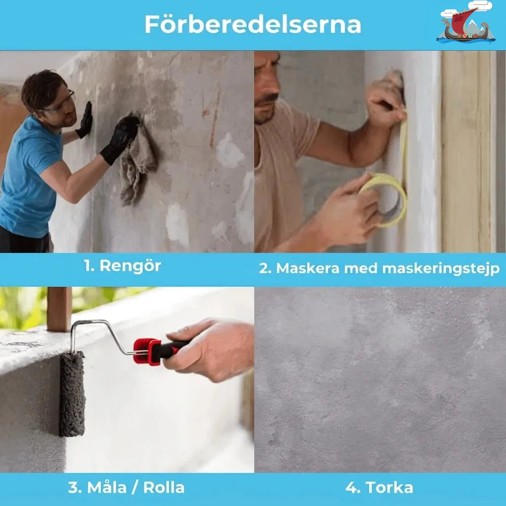 Steg-för-steg-guide för väggförberedelse: rengöring, maskering, målning med roller, torkning.