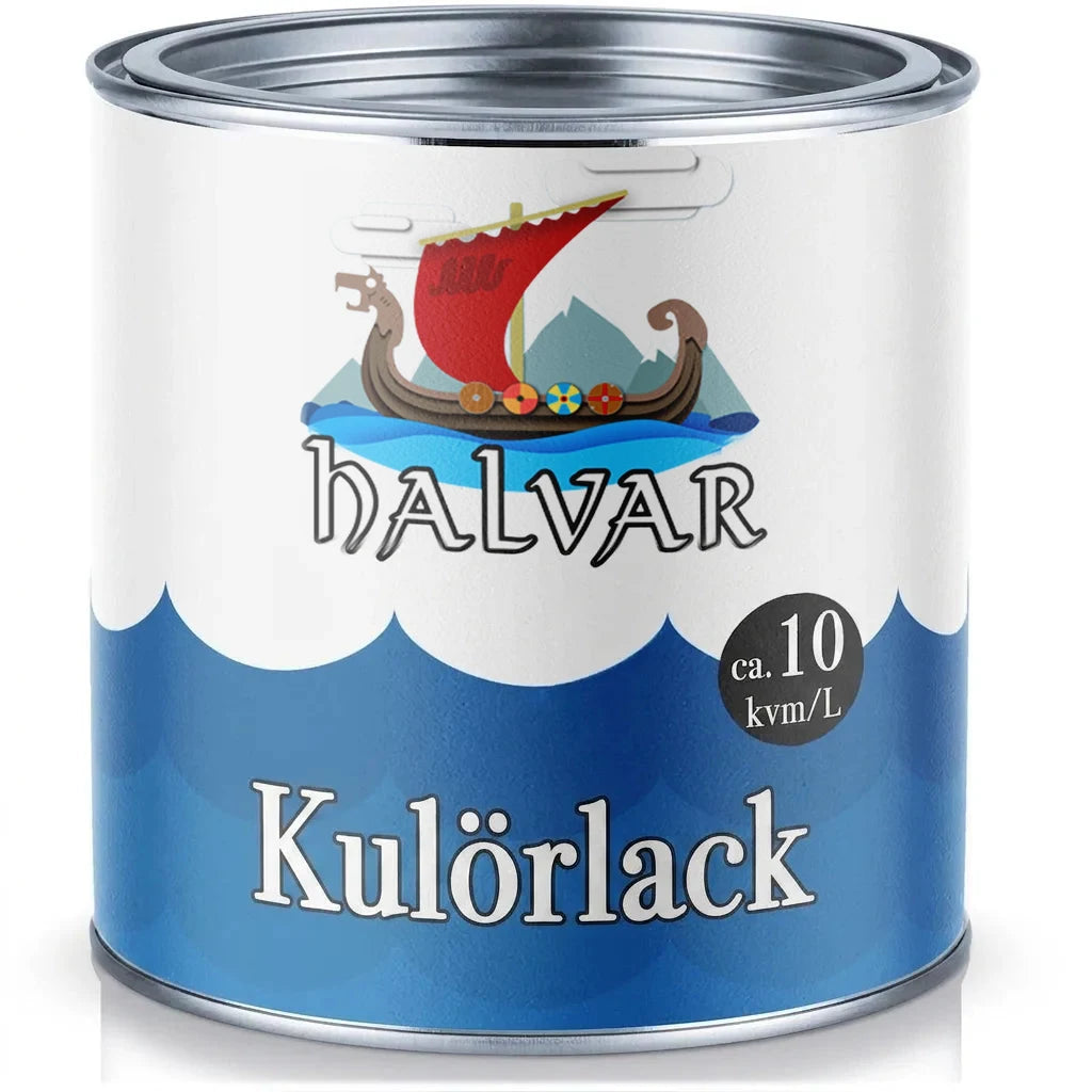 Målarfärg burk HALVAR Buntlack med vikingaskepp och berg. Angiven täckning: ca 10 kvm/L.