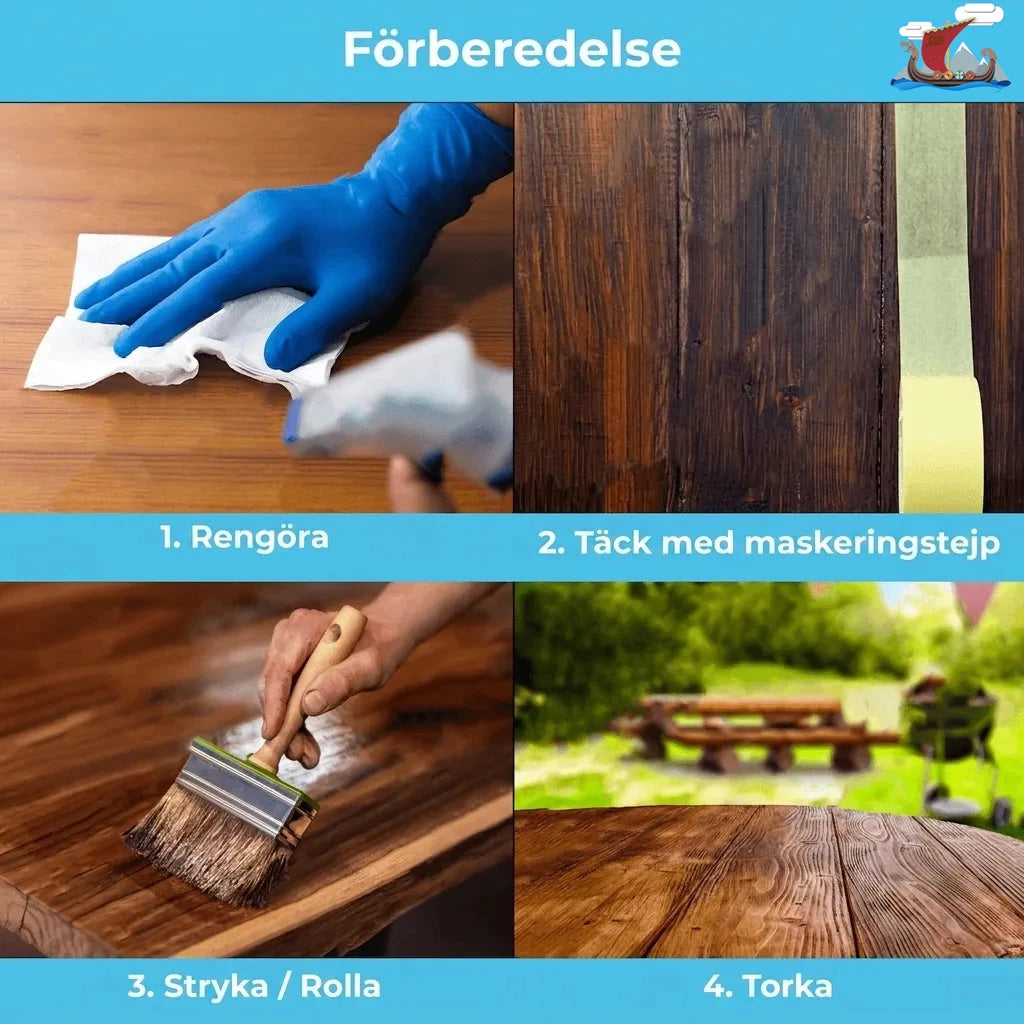 Steg-för-steg guide för ytbehandling av trä: rengöring, maskering med tejp, applicering av färg eller olja, och torkning.
