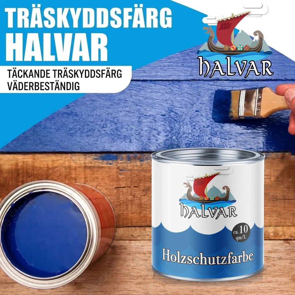 Halvar träskyddsfärg i blått. En burk med "Holzschutzfarbe" och en öppen burk med blå färg.