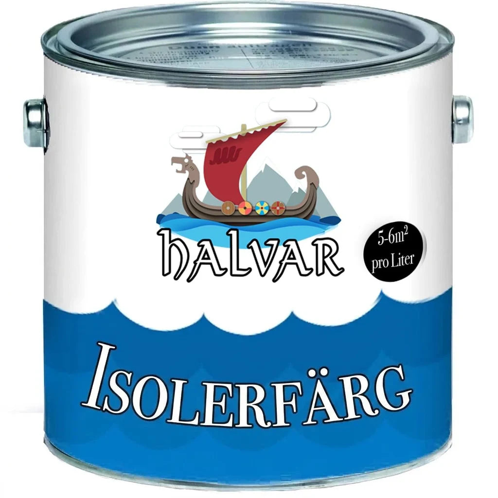 Burk med Halvar isolerfärg, en isolerande färg som täcker 5-6 m² per liter.
