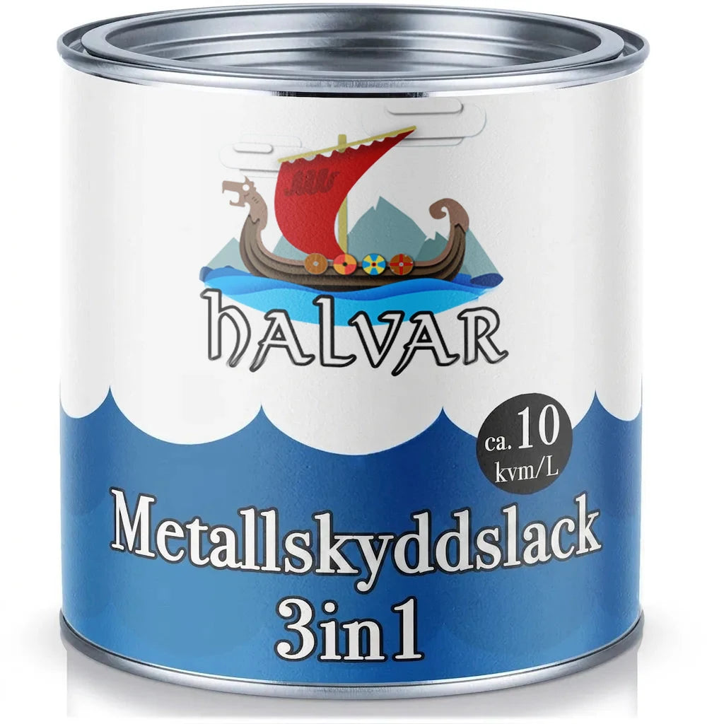 Halvar färgburk med 3-i-1 metallskyddslack, ca 10 kvm/L täckning för metallskydd.