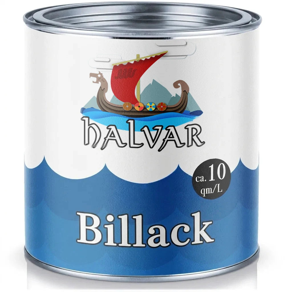 Halvar Autolack färgburk med vikingaskepp-logga och texten 'ca. 10 qm/L', blått vågmönster.