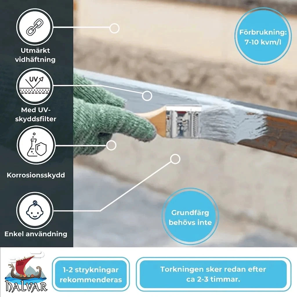 Person målar metallbalk med HALVAR. Text om fördelar: vidhäftning, UV-skydd, korrosionsskydd, enkel, förbrukning, ingen grundfärg, torktid.