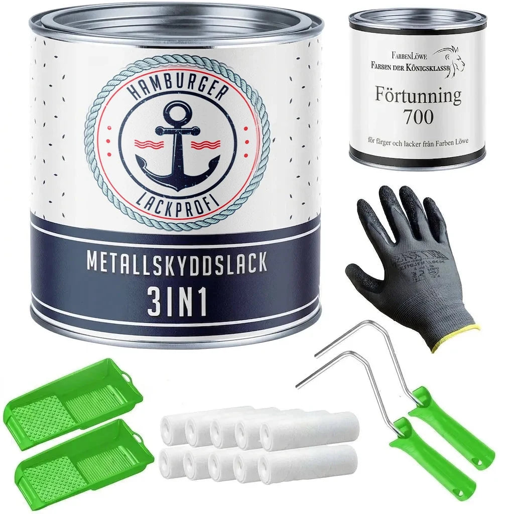 Set med 3-i-1 metallskyddslack, förtunning, målarhandskar, rollerset och färgtråg.