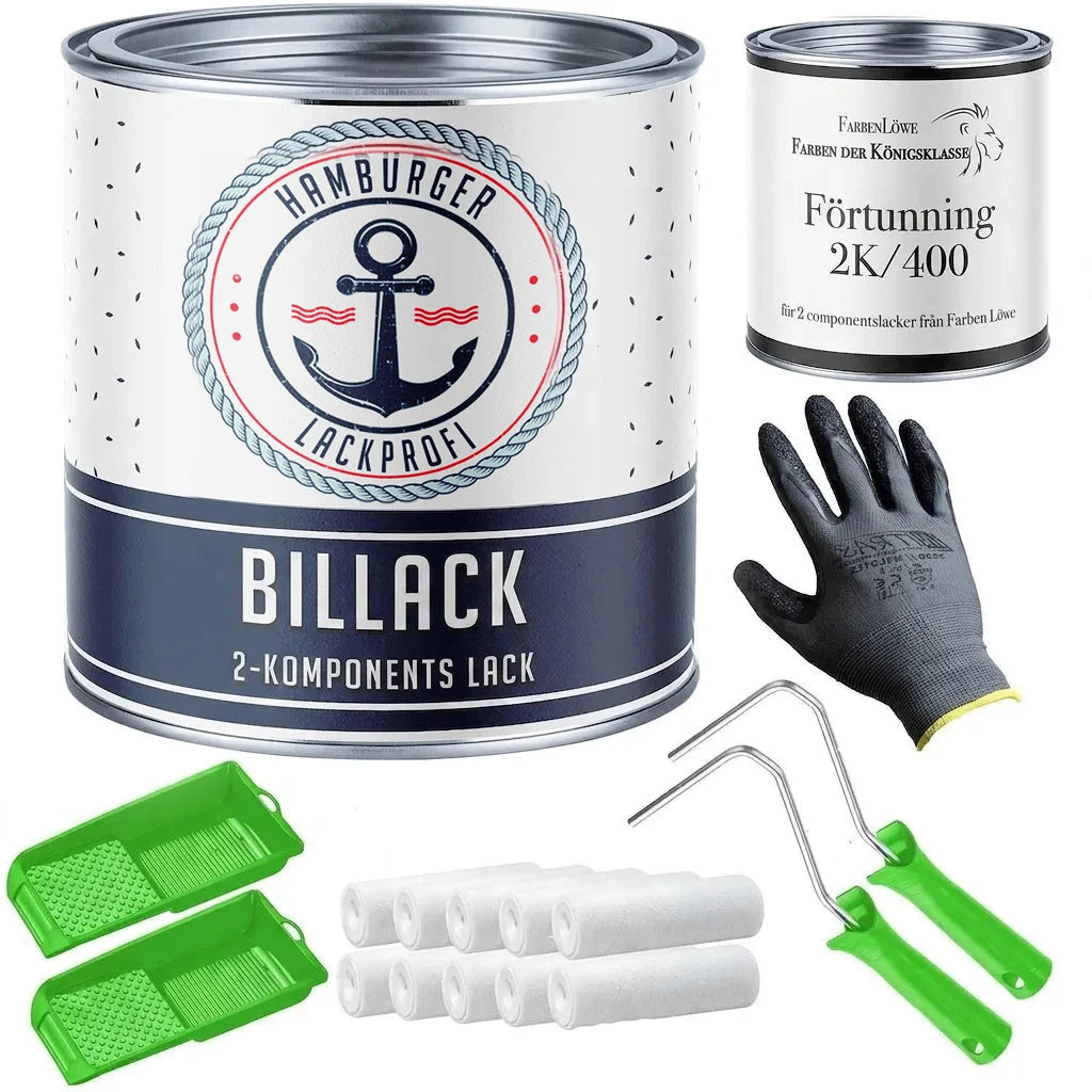 Set för billackering med professionell 2-komponentslack, förtunning, rollers, handskar och målarbaljor.