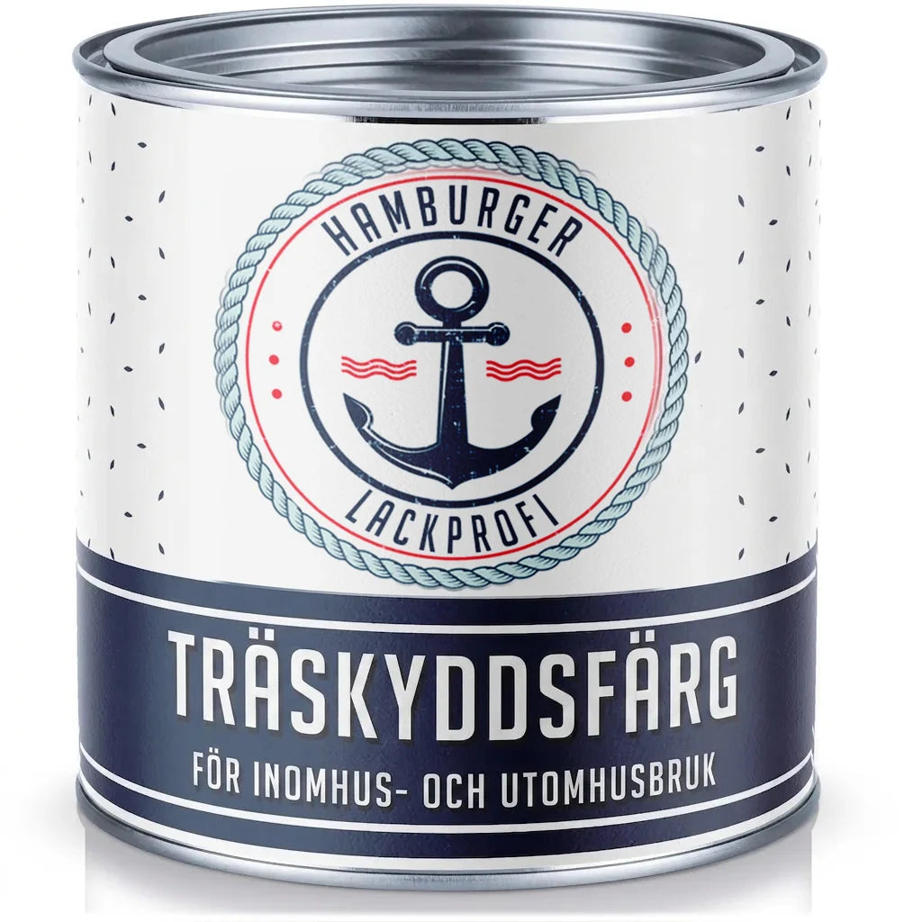 Burk med vit träskyddsfärg för inom- och utomhusbruk, från Hamburger Lackprofi med ankare på etiketten.